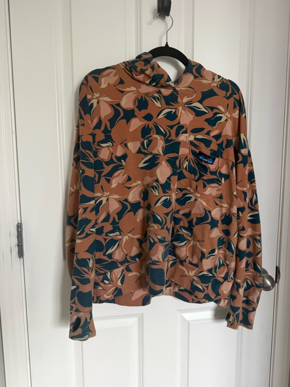 KAVU Brand Women’s Floral Pullover Hoodie in Rust and Teal